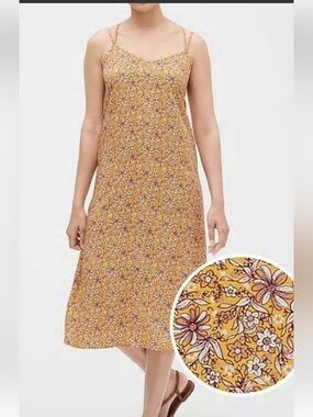 GAP Yellow Floral Midi Slip Dress with Spaghetti Straps